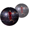 Two circular images of a basketball player in red uniform jumping with a basketball, set against a dark background.