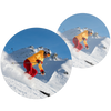 Two circular images of a skier in action on a snowy mountain.